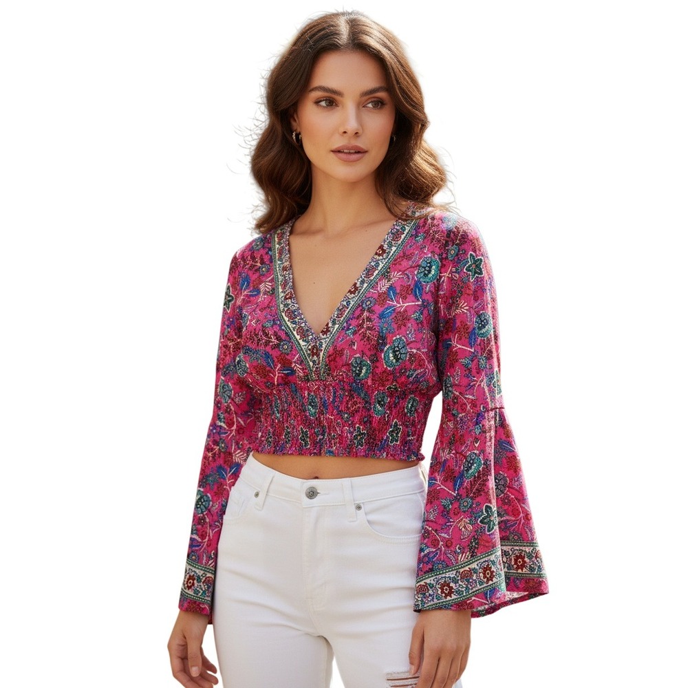 NWT RHEA Pink Floral Silk Blend Smocked Crop Top Bell‎ Sleeve Boho Festival S